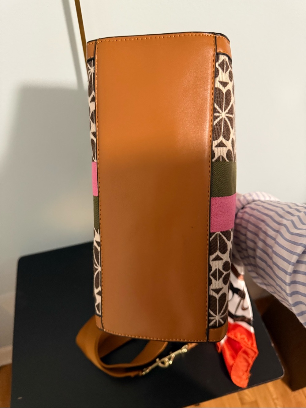 kate spade Brown Floral Canvas Tote with Pink & Olive Center Stripe and Tan Trim - Picture 14 of 14